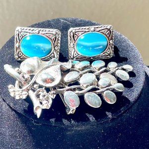 Sterling  Genuine cat eye filigree earrings & artistic grapevine sterling Brooch